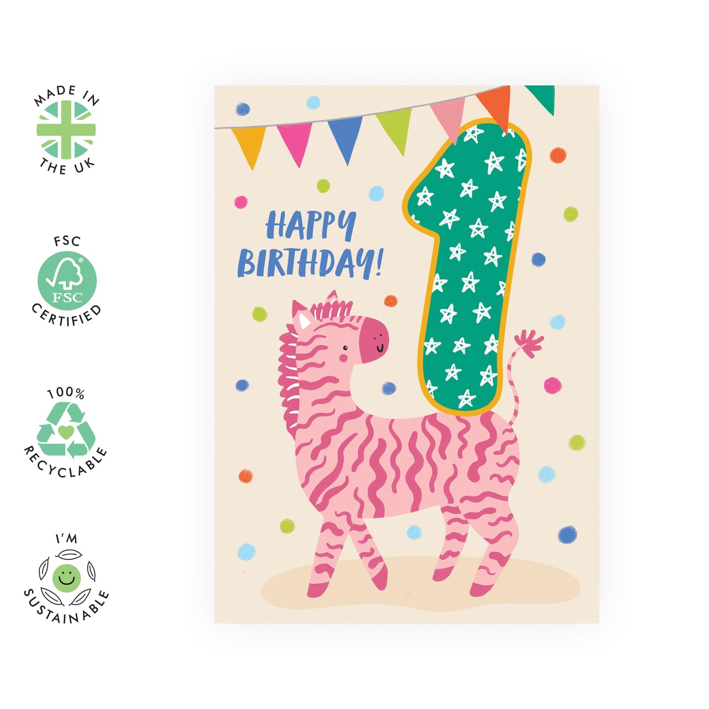 Happy 1st Birthday Cards For Girls Boys - Party Zebra One Year Old - First Birthday Cards For Kids Baby Toddlers - Gifts For Son Daughter Godson Granddaughter - Comes With Cute Stickers By Central 23