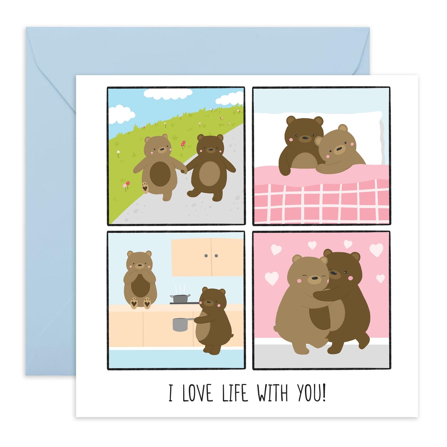 Living Together Anniversary Card - 'Love Life With You Bears' - Gifts for Beautiful Spouse, Married Couples, Other Half, Darling, Her, Mothers - Sweet Brown Bears - Comes with Fun Stickers