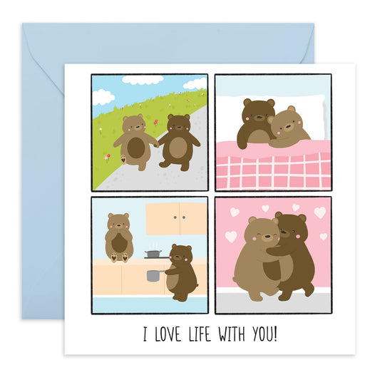 Living Together Anniversary Card - 'Love Life With You Bears' - Gifts for Beautiful Spouse, Married Couples, Other Half, Darling, Her, Mothers - Sweet Brown Bears - Comes with Fun Stickers