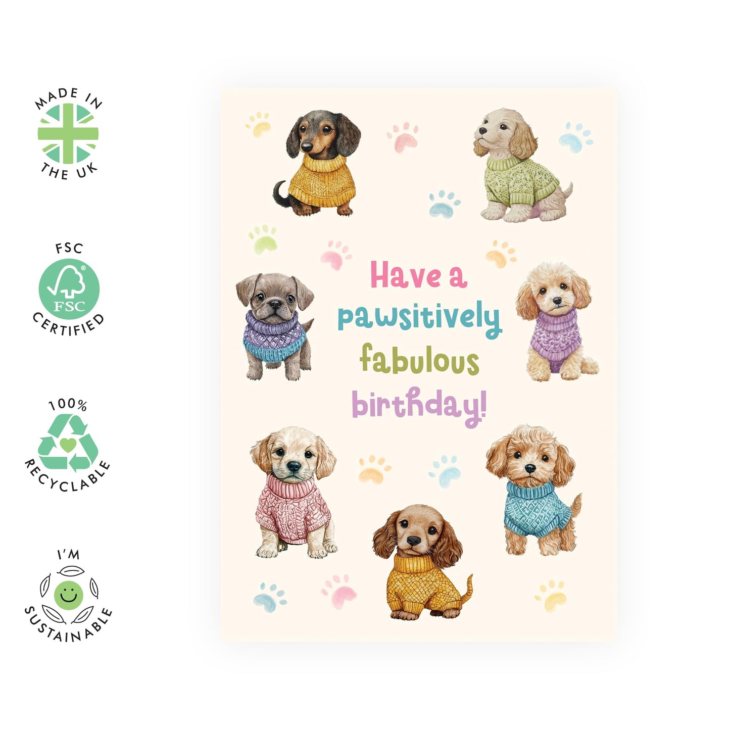 Cute Dogs Birthday Card - 'Pawsitively Fabulous Puppies' - Gifts for Fur Dad & Mum, Besties, Best Friends, Dog Owners, Pet Lovers- Dogs in Sweaters - Comes with Fun Stickers