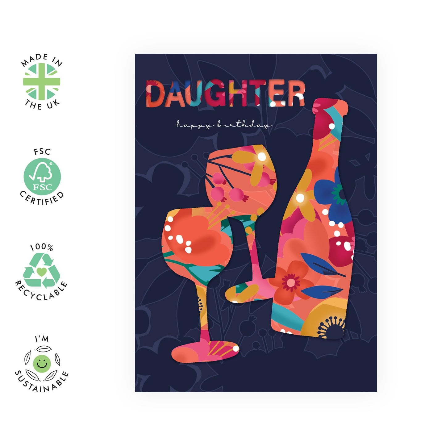 Happy Birthday Daughter Cards - Floral Drinks Toast Celebration - Daughter Birthday Card For Girls - Gifts For Women - Greeting Cards For Her - Comes With Fun Stickers - By Central 23