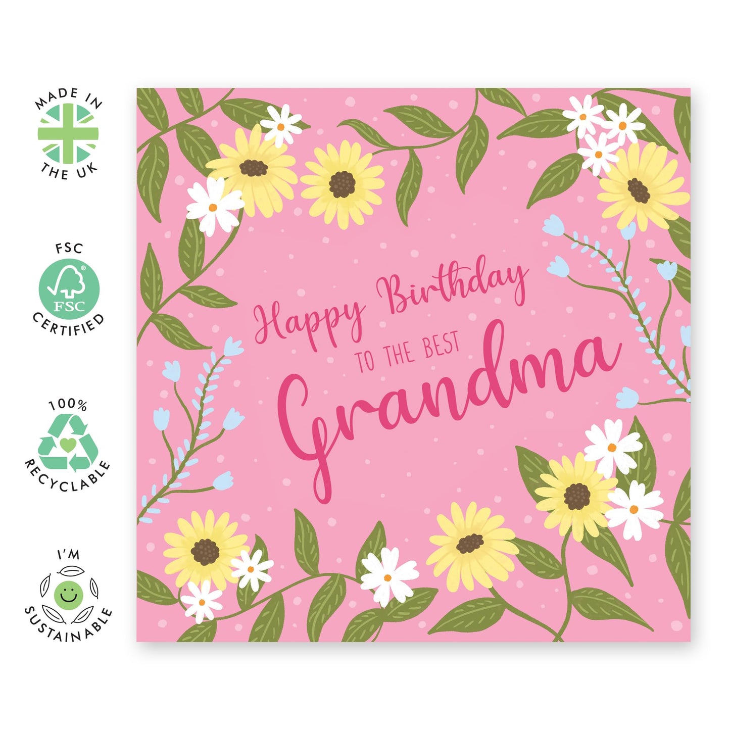 Sweet Birthday Card - 'Birthday Grandma' - Cute Gifts for Grand Parents, Nana, Grandmum from Grandkids, Children - Pink and Flowers - Comes with Fun Stickers