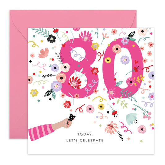 80th Birthday Card For Women - 80TH FLORAL CONFETTI - Grandmother Birthday Greeting Card - Grandmum Floral Birthday Card - Happy Eightieth Birthday Card Grandma - Comes With Fun Stickers By Central 23