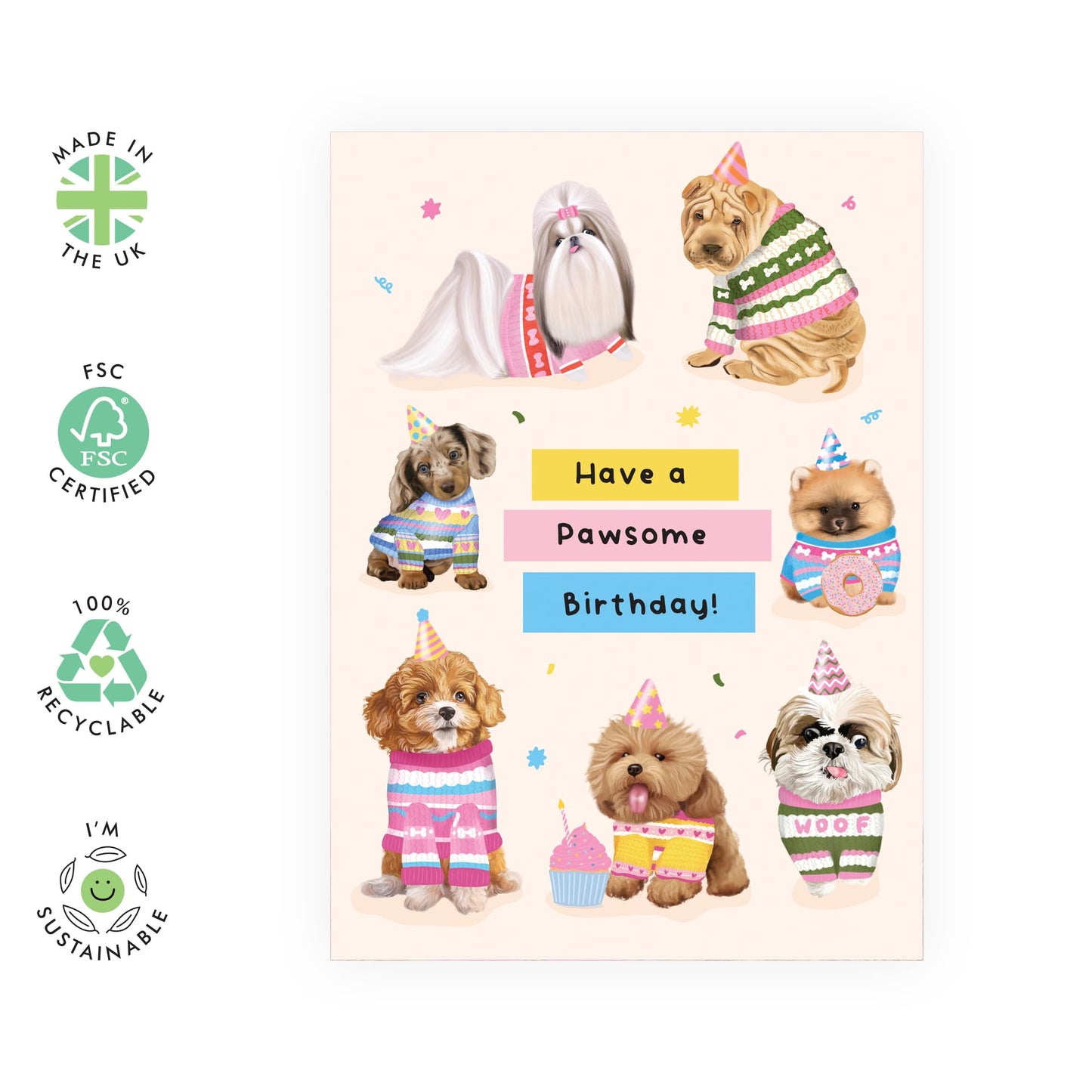 Adorable Dogs Birthday Card - 'Pawesome Birthday' - Gifts for Fur Mum & Dads,Bestie, BFF, Colleagues, Co-worker, Animal, Pet Lover - Bday Hats - Comes with Fun Stickers