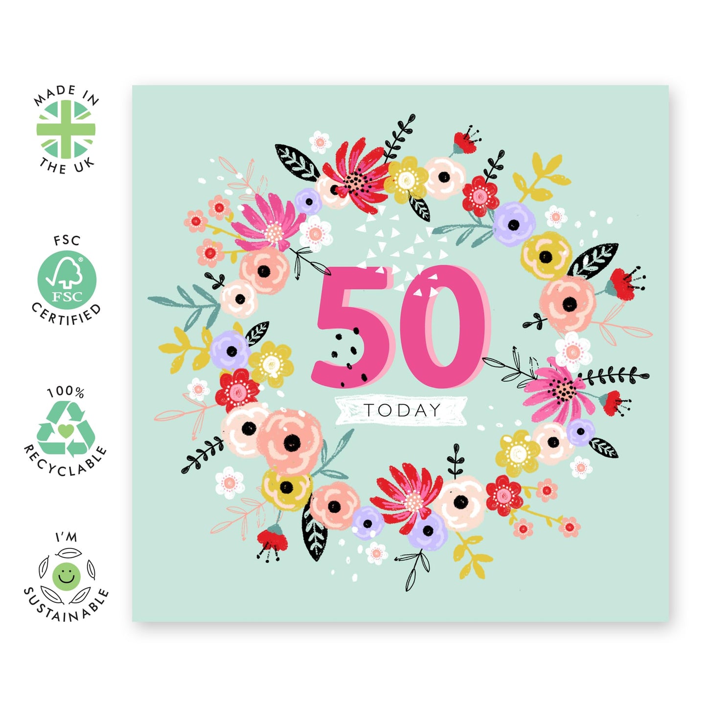 50th Birthday Card For Mummy - 50th Floral Wreath - Floral Birthday Card - Wife Mum - Gifts For Aunt - Happy Fiftieth Birthday Greeting Card Female Friends - Comes With Fun Stickers By Central 23