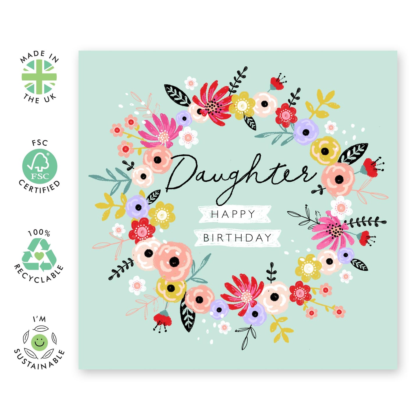 Floral Birthday Cards For Daughter - Sage Flower Wreath - Happy Birthday Cards And Envelopes For Women Female - Gifts For Girls - Comes With Stickers By Central 23
