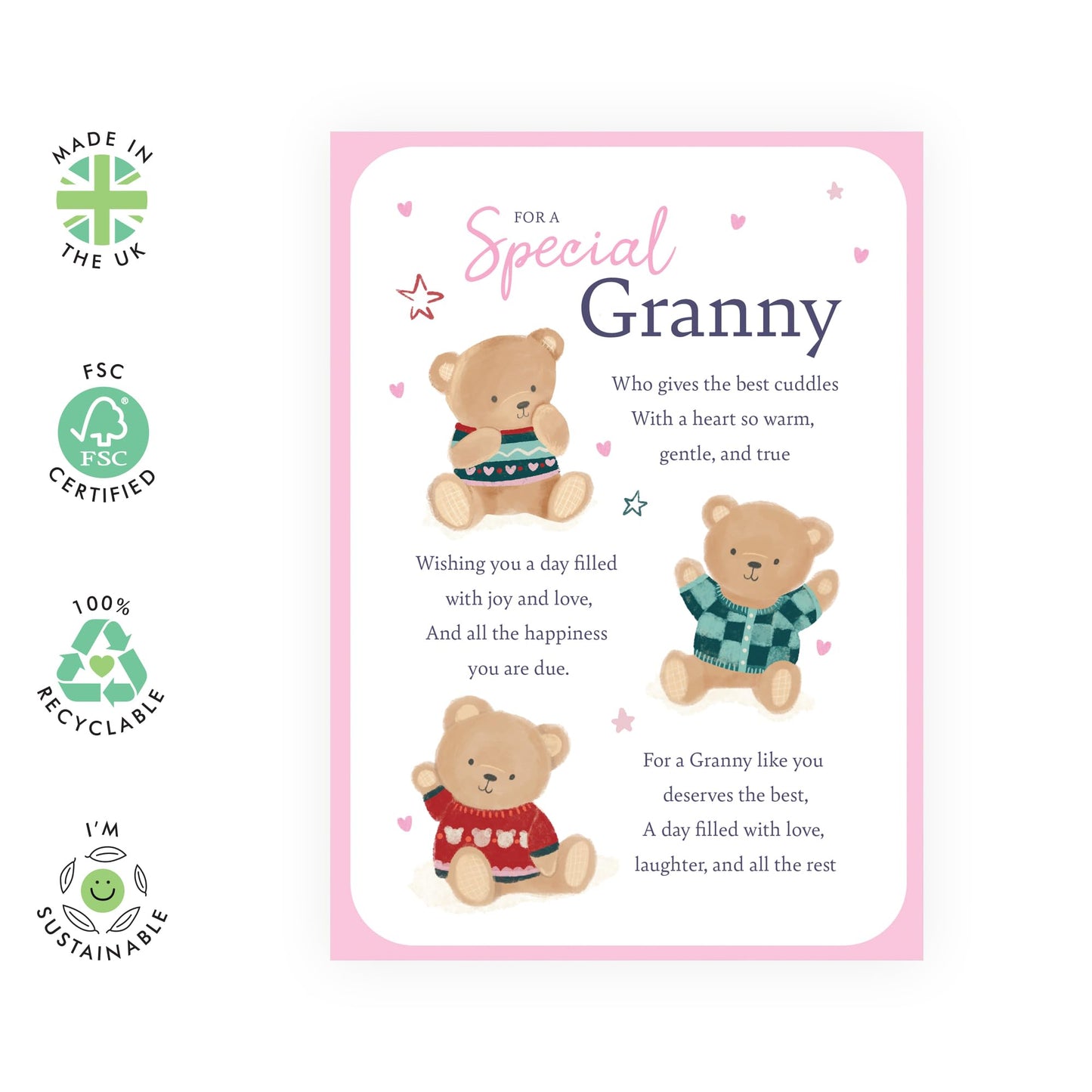 Grandmother's Sweet Greeting Card - 'Teddy Granny' - Gifts for Grandmam, Grandmum, Grandmummy, Mimi, Nanna - Cuddles For You - Comes with Fun Stickers