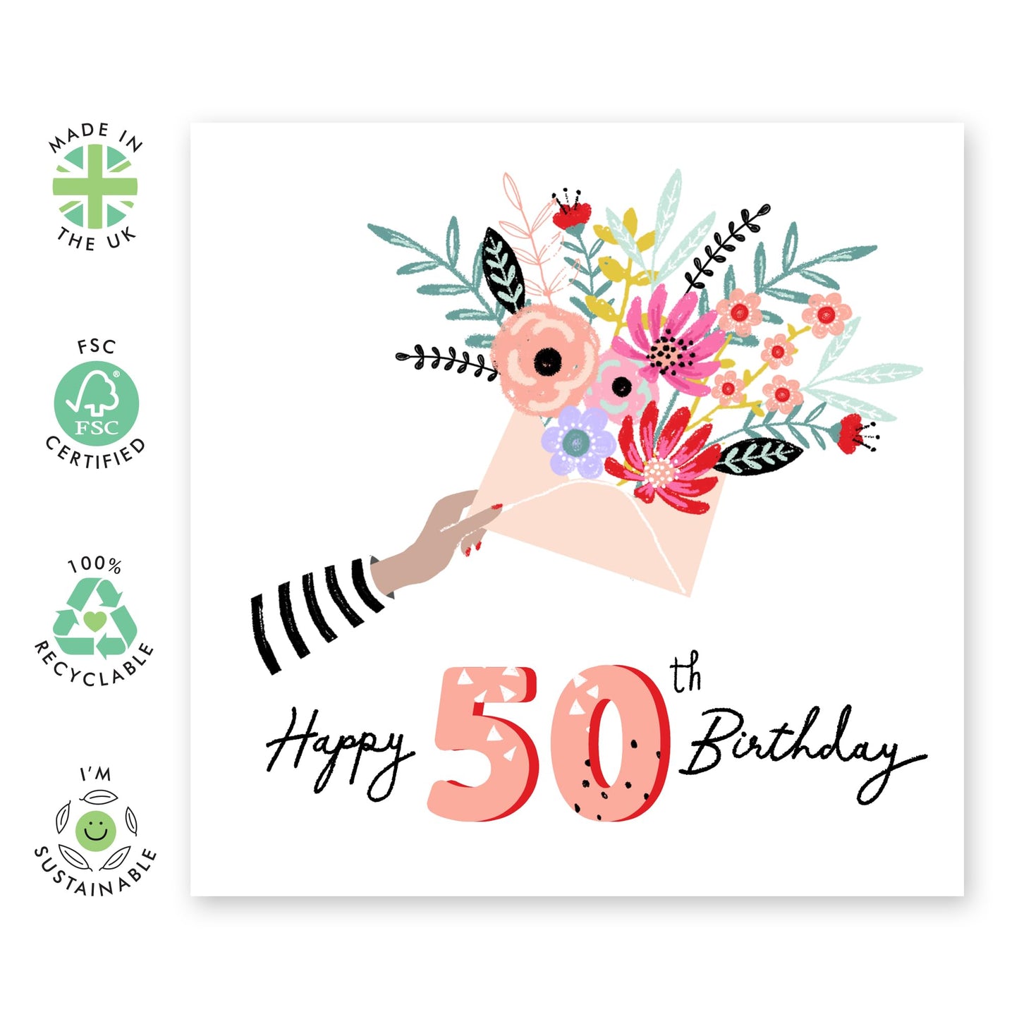 Floral Birthday Card For Women Age 50 - 50th Floral Envelope - Happy 50th Birthday Cards For Mum Mummy Wife - Gifts For Friends Aunt Auntie - From Son Daughter - Comes With Fun Stickers By Central 23
