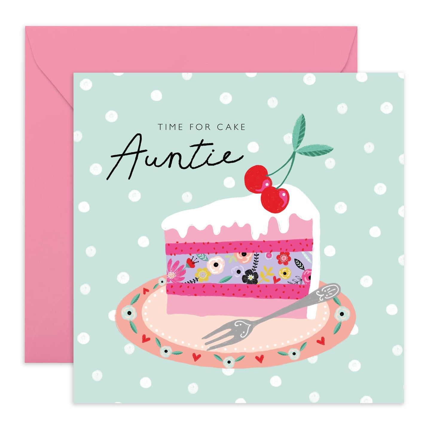 Auntie Birthday Card - Time For Cake Sweet Greeting Cards For Her - Pink Candles Cake Slice - Happy Birthday Aunty Bday Card - Heartfelt Gifts For Women Female Tia - Comes With Stickers By Central 23