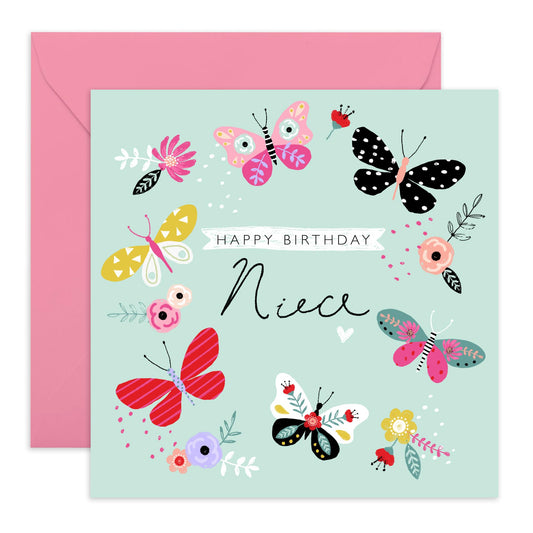 Butterfly Birthday Card For Niece - Flower Cards And Envelopes - Happy Birthday Greeting Cards For Women Female Girls - Pretty Bday Gifts For Her - Comes With Stickers By Central 23