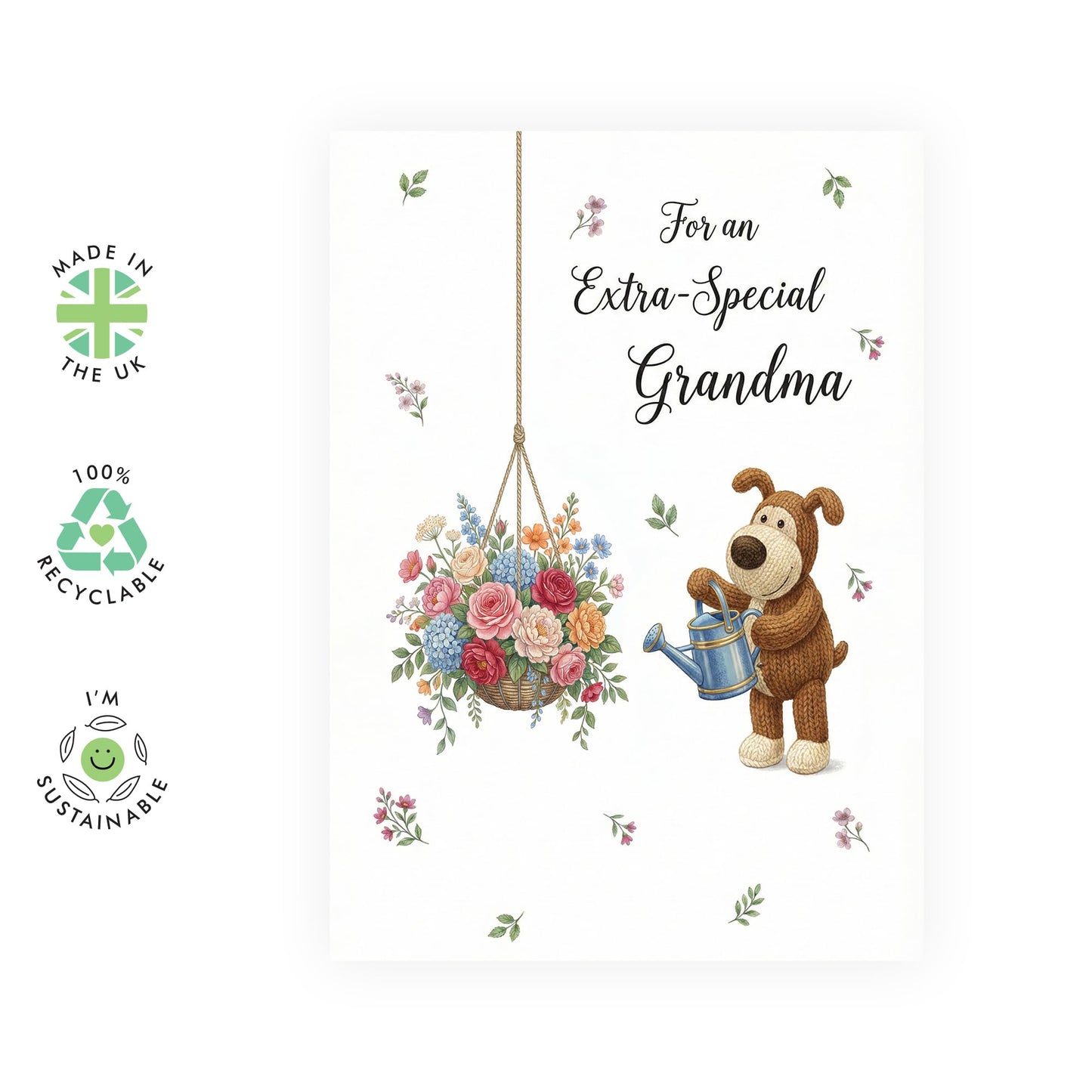 Mother’s Day Card for Grandma - ‘Extra Special Grandma’ Floral Greeting Card - Cute Puppy & Hanging Basket Design - Thoughtful Keepsake for Nan Granny - Includes Premium White Envelope
