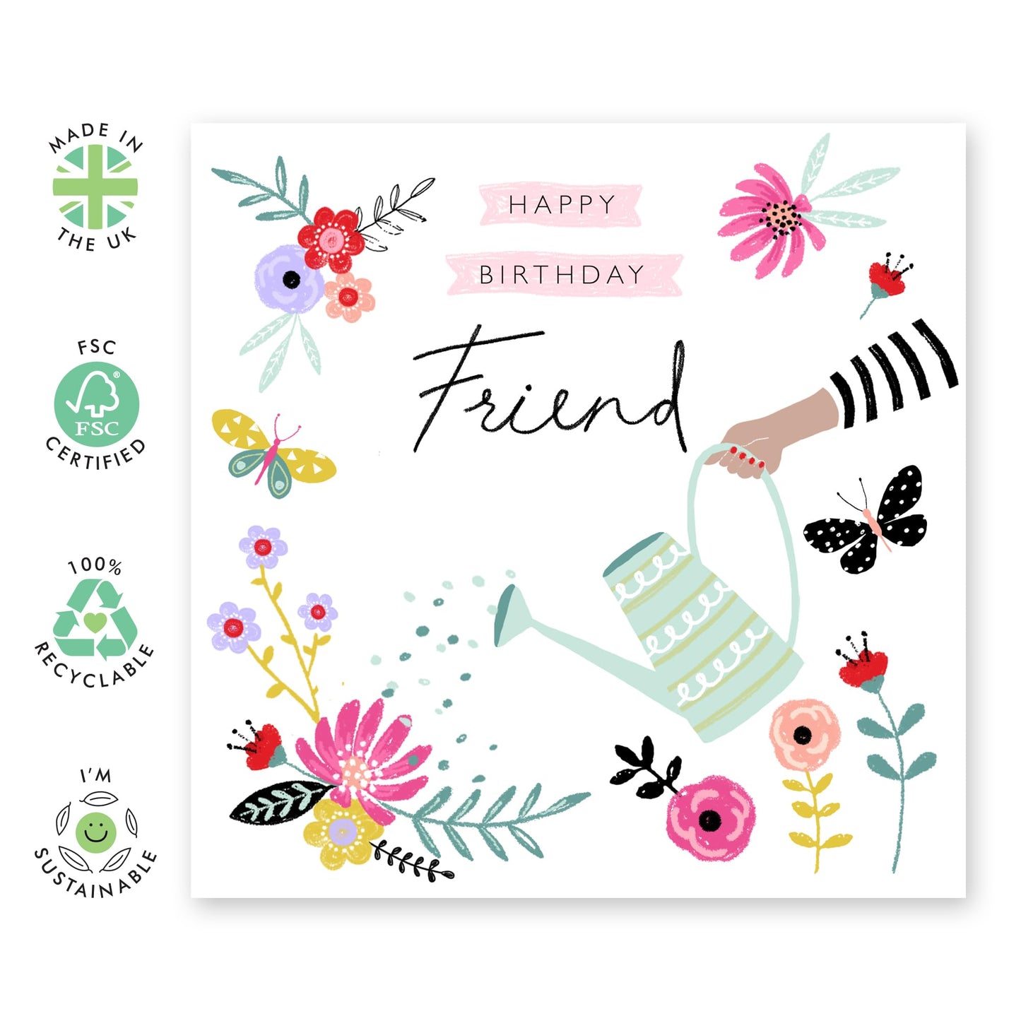 Happy Birthday Card For Friend - Pretty Flowers Watering Can - Floral Friendship Cards For Female Friends - Gifts For Her Women - Comes With Cute Stickers - By Central 23