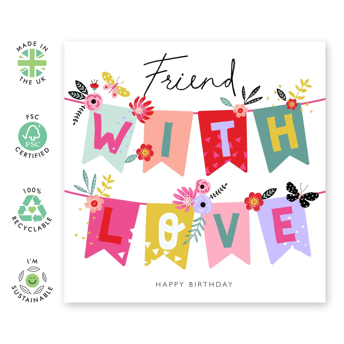 Friends Birthday Card - With Love Celebration Banner - Gifts For Friends Women - Friend Birthday Cards For Women Her Female - Comes With Cute Stickers - By Central 23