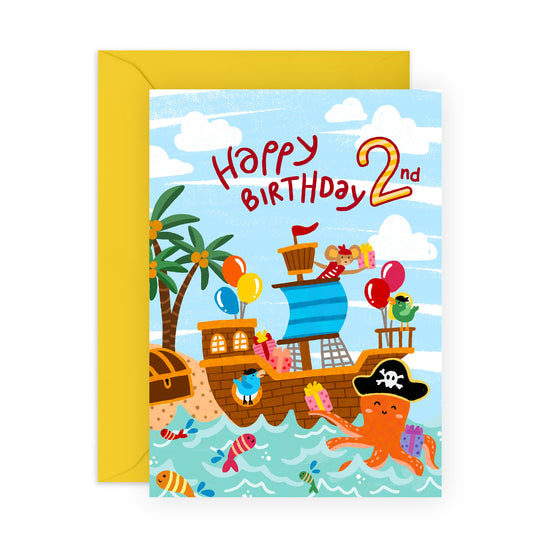 Boys Birthday Card Age Two - Happy 2nd Birthday Card Boy - Animal Pirates Ship Treasure - 2 Year Old - Gifts For Kids Son Grandson - Comes With Stickers - By Central 23
