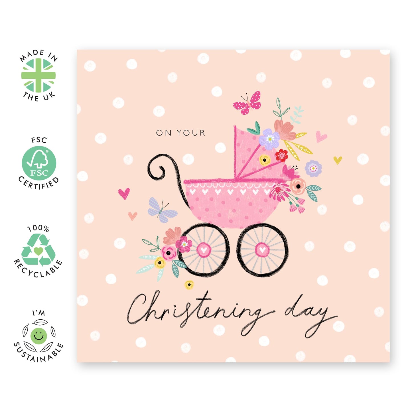Dedication Day For Baby Girl - On Your Christening Floral Pram - Baptismal Card Baby - Christening Card For Niece - Baptism Granddaughter - Gift From Aunt Uncle - Comes With Fun Stickers By Central 23