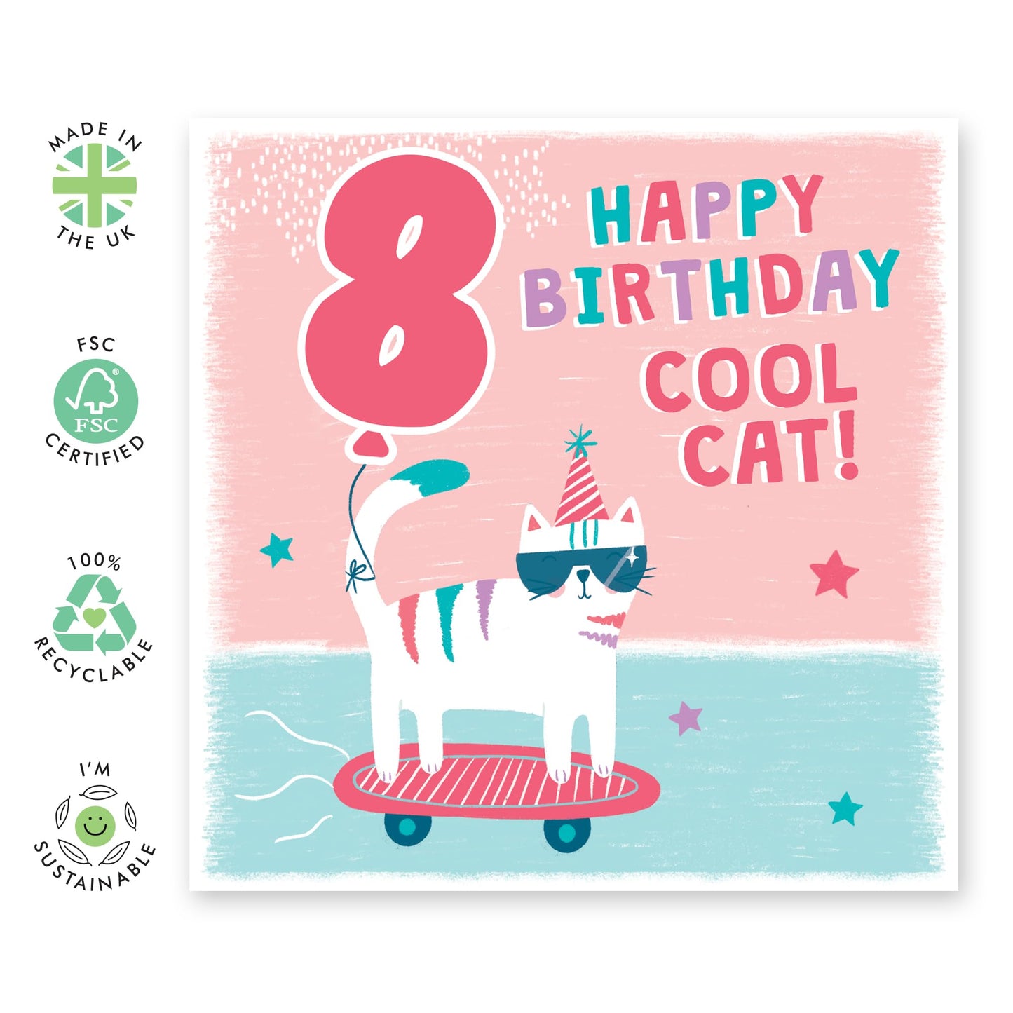 Cat Birthday Card Age Eight - Happy 8th Birthday Card Boy Girl Toddler - Eighth Bday Greeting Cards Milestone - Gifts For Him 8 Year Old Grandson - Comes With Cute Stickers By Central 23