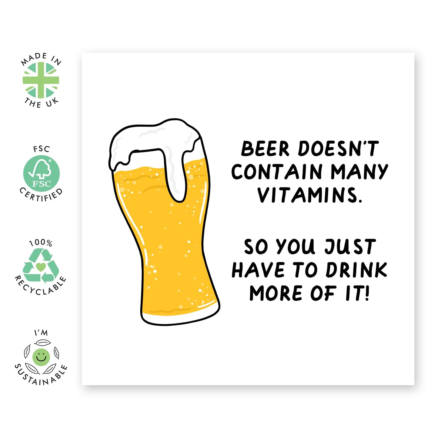 Funny Birthday Cards For Men - Beer Doesn't Have Many Vitamins - Hilarious Greeting Cards For Dad Uncle Grandad Husband - Humourous Gifts For Him - Comes With Fun Stickers By Central 23