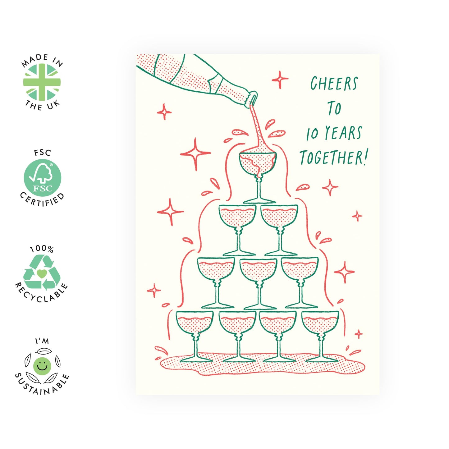 Romantic Anniversary Card - 'Cheers to 10 Years' - 10th Year Anniversary Card for Couples, Parents, Husband & Wife - Love Gifts for Her Him - Comes with Fun Stickers