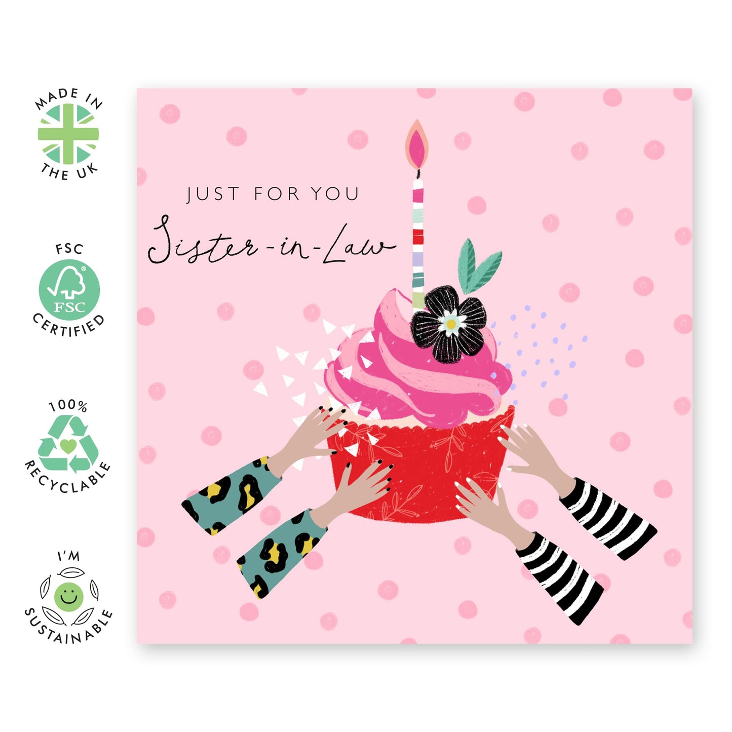 Sister In Law Birthday Card - Just For You - Birthday Cupcake Pink Polka Dots - Gifts For Her - Pretty Birthday Cards For Women Female Sibling - Comes With Fun Stickers By Central 23