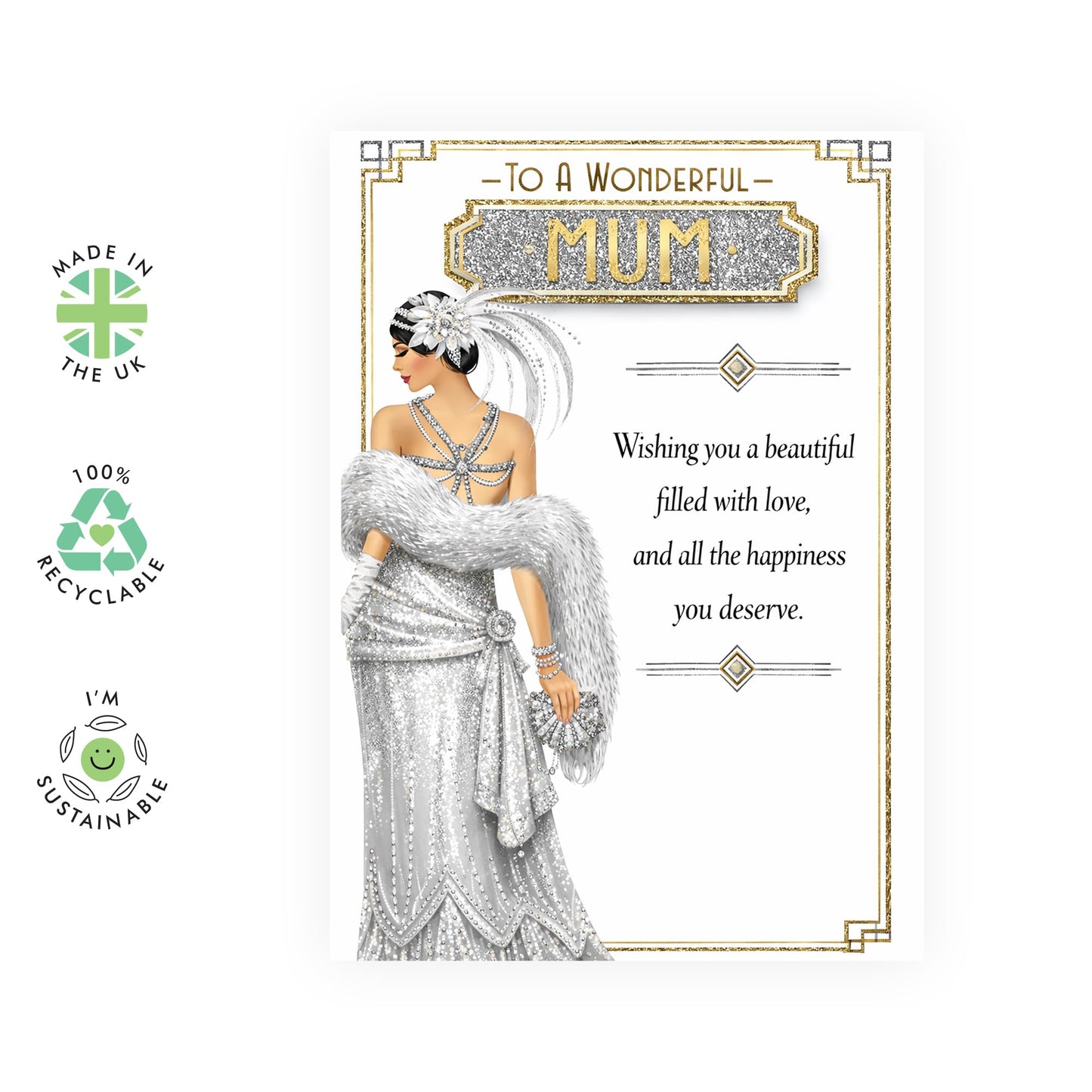 Fab Mother’s Day Card – Filled with Love and Happiness for Mum Mama Mummy Her Wife Women From Son Daughter Husband – Glamorous Silver Gold Keepsake Greeting - Comes with Cute Stickers