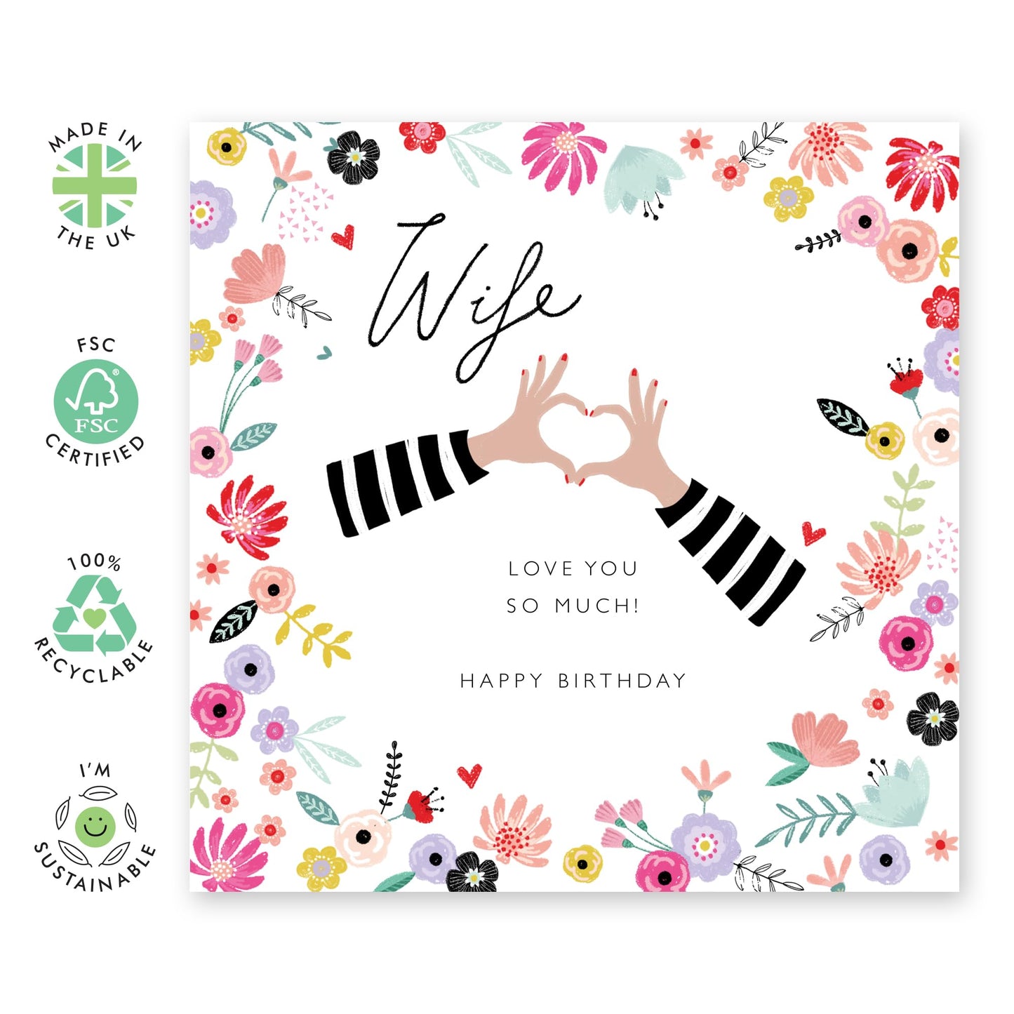 Happy Birthday Cards For Wife - Hand Hearts - I Love You Cards For Wife - Sweet Greeting Cards And Envelopes - Florals Flowers Butterfly - Wife Gifts For Her - Comes With Stickers By Central 23