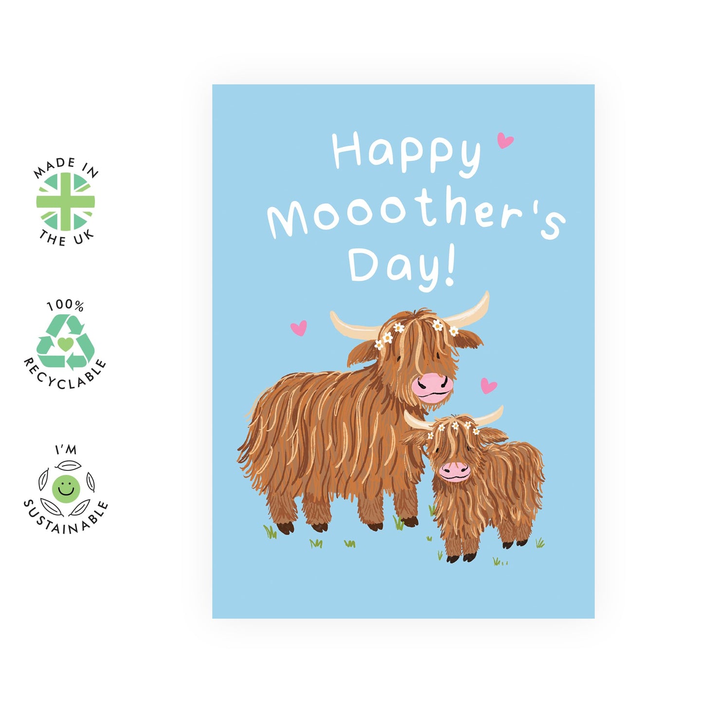 Cute Mothers Day Card – "MOO" - Highland Cow Mum Daughter Mummy Mam Nana Granny Grandma Step Mum Aunt Wife Her Women from Son Daughter – Cute Farm Animals - Comes with Sweet Stickers