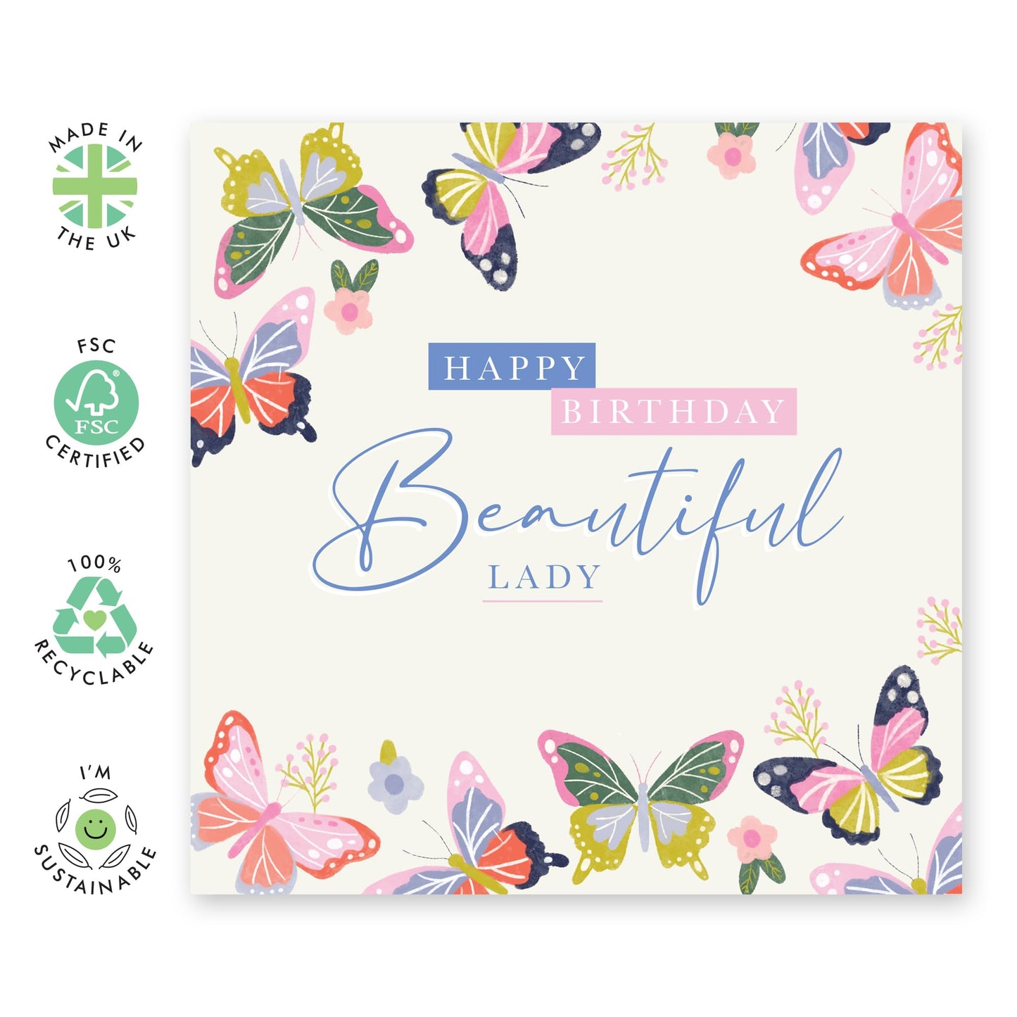 Women's Birthday Card - 'Happy Butterfly Beautiful Lady' - Gifts for Daughter, Wife, Girlfriend, Bestie, BFF, Her, Women, Ladies, Gal, Sis - Appreciation - Comes with Fun Stickers