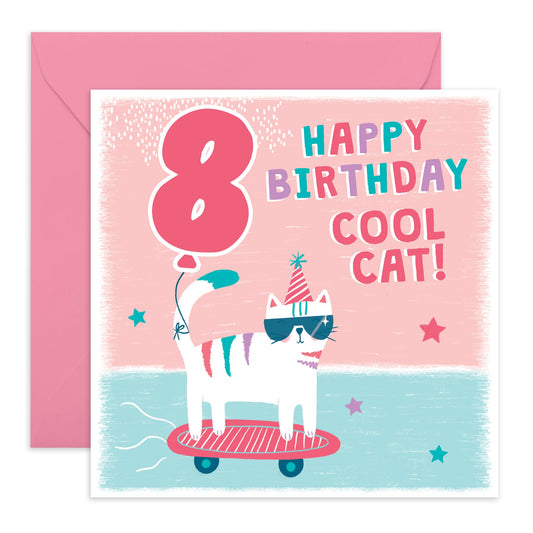 Cat Birthday Card Age Eight - Happy 8th Birthday Card Boy Girl Toddler - Eighth Bday Greeting Cards Milestone - Gifts For Him 8 Year Old Grandson - Comes With Cute Stickers By Central 23