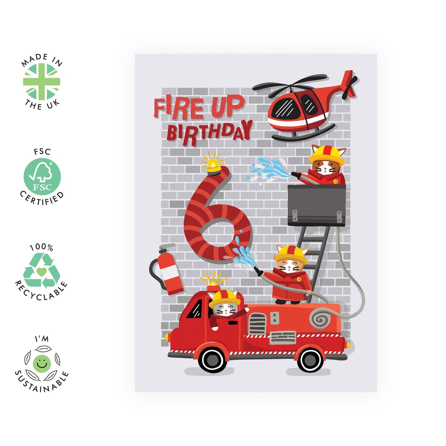 Boys Birthday Card 6th Birthday - Fire Engine Helicopter - Happy Sixth Birthday - 6 Year Old - Greeting Cards For Him - Gift For Son Grandson - Comes With Stickers - By Central 23