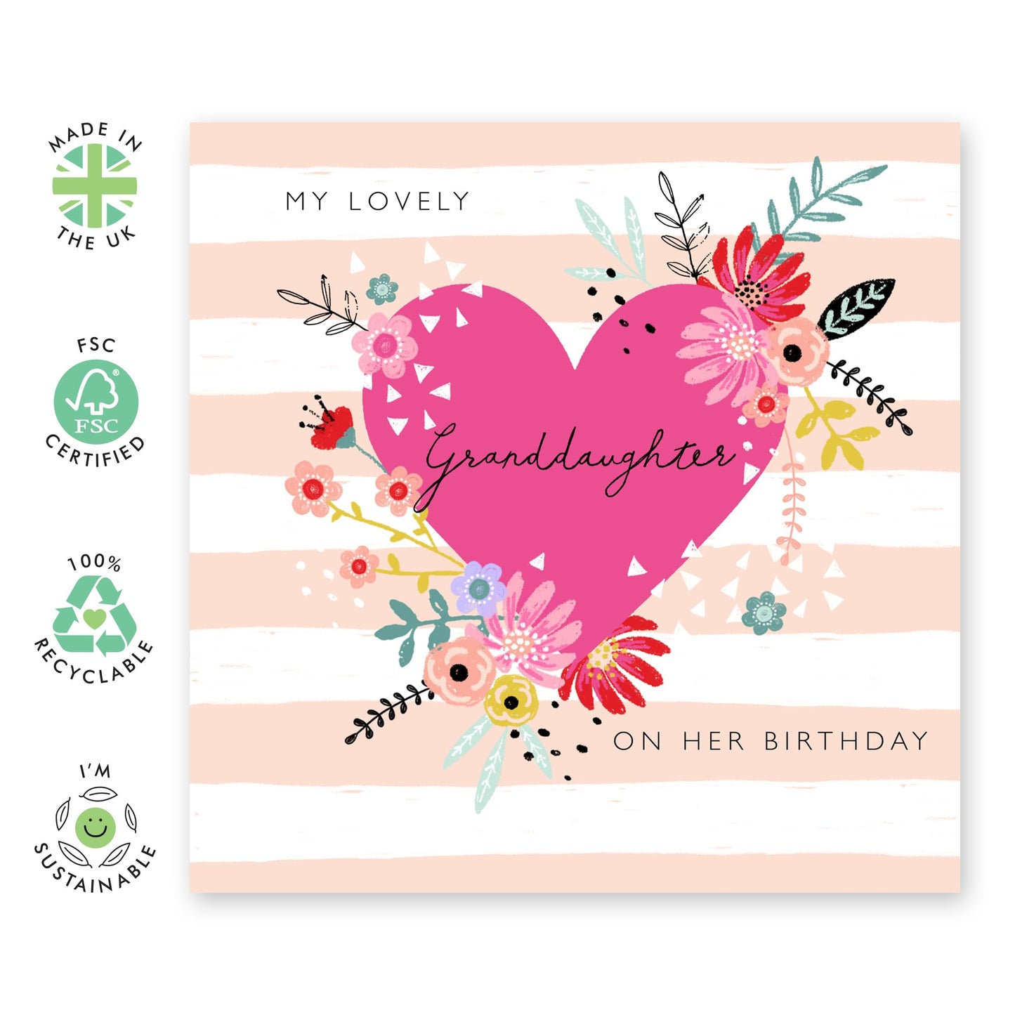Granddaughter Birthday Card - To My Lovely Granddaughter - Floral Pink Hearts Birthday Card For Women Girls Her - Flower Card - Granddaughter Gifts - Comes With Fun Stickers - By Central 23
