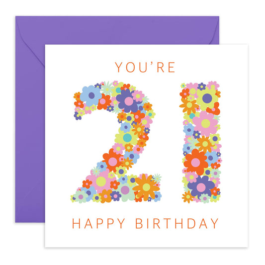 21st Birthday Card For Her - Floral Rainbow Age 21 - Floral Birthday Card - Women Sister - Happy Twenty-first Birthday Card - Daughter Sister Niece Friends - Comes With Fun Stickers - By Central 23