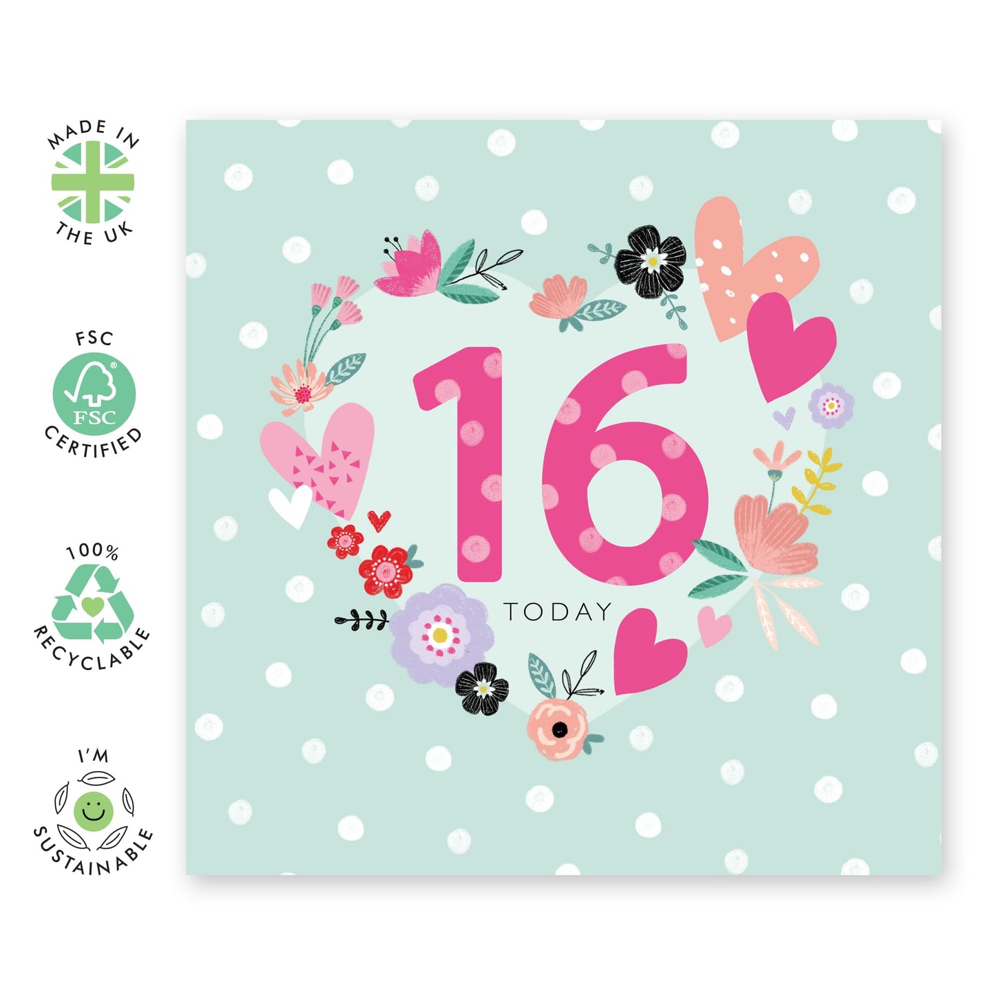 16th Birthday Cards For Kid - Spotty 16th Birthday Heart - Happy Birthday Card For Daughter Granddaughter Niece - Floral Card - Girl Birthday Card Sixteen Year Old - Comes With Stickers By Central 23