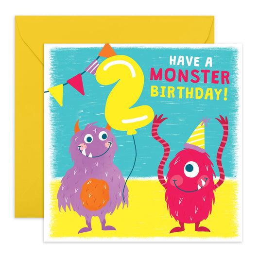 2 Year Old Birthday Card Boy Girls - Party Monsters - Happy Birthday Card For Kids - Second Bday Milestone Gifts For Son Daughter Nephew Niece Grandson - Age Two - Comes With Stickers By Central 23