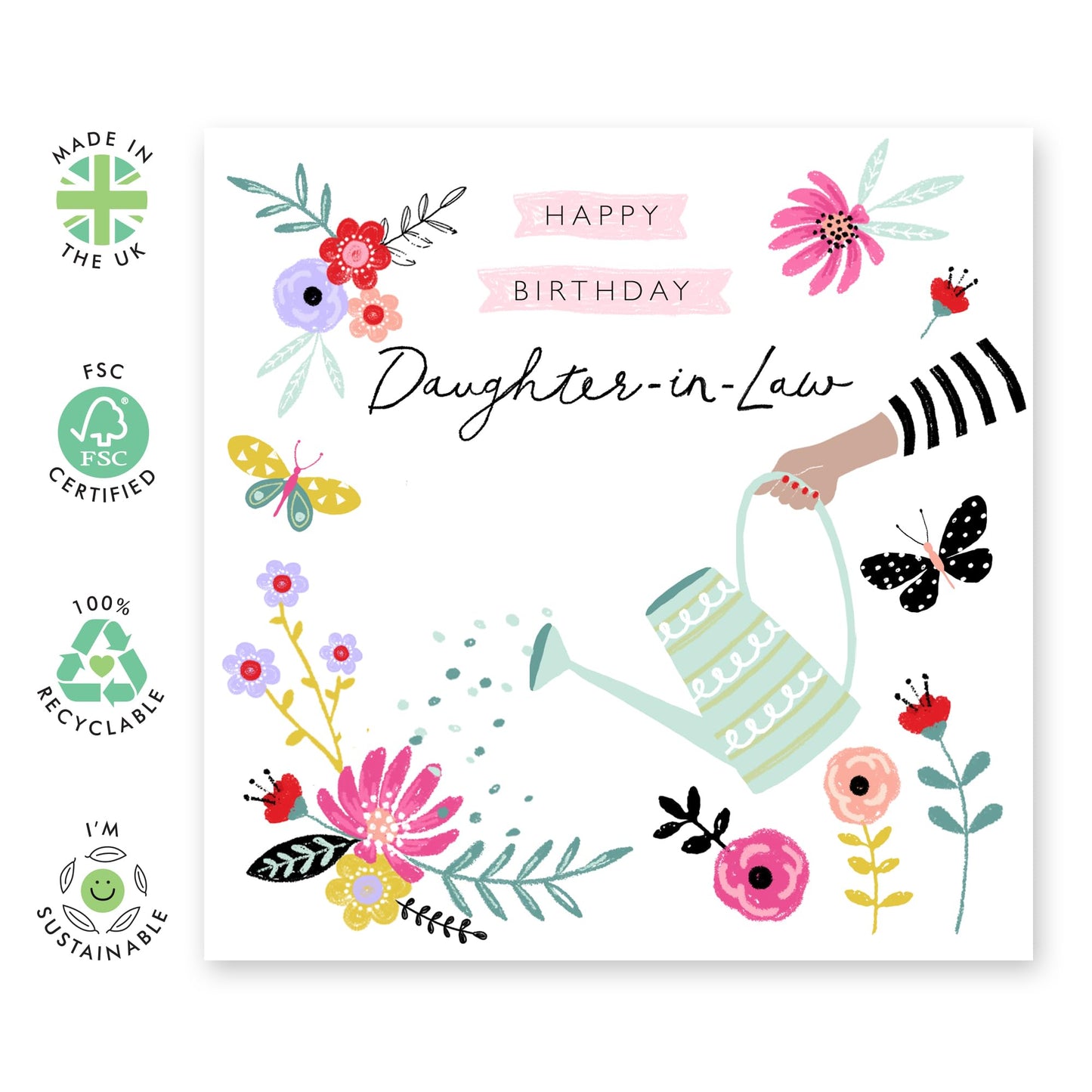 Happy Birthday Daughter-in-law Card - Flowers and Butterflies - Pretty Pink Greeting Cards For Women - Floral Gifts For Her Female - Comes With Cute Stickers - By Central 23
