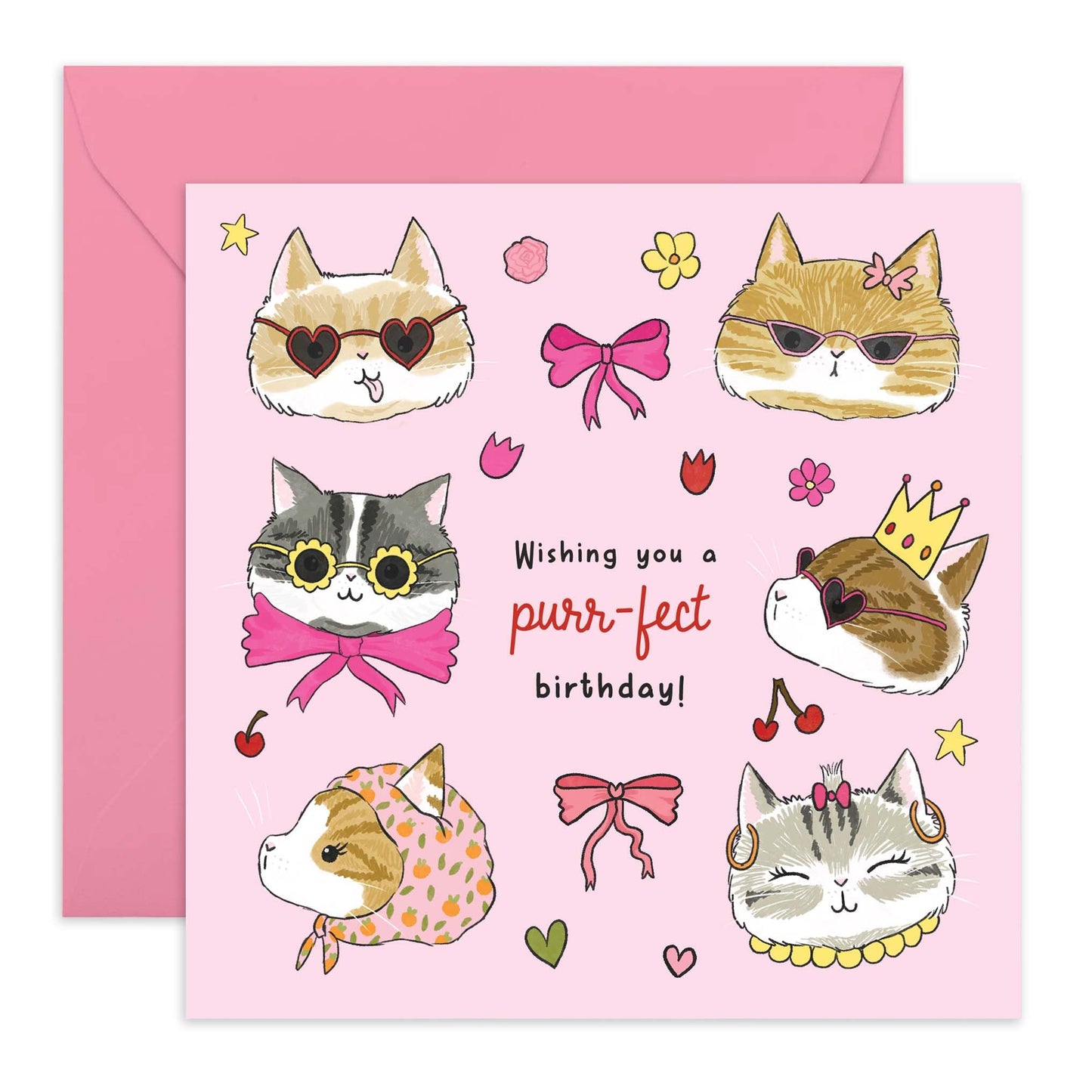 Birthday Card - 'PINK BOWS CATS' - Perfect for Celebrating Cat Lovers on Their Special Day - Ideal for Her, Friends, Family, or Anyone Who Adores Feline Friends - Comes With Stickers By Central 23