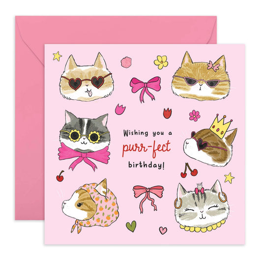 Birthday Card - 'PINK BOWS CATS' - Perfect for Celebrating Cat Lovers on Their Special Day - Ideal for Her, Friends, Family, or Anyone Who Adores Feline Friends - Comes With Stickers By Central 23