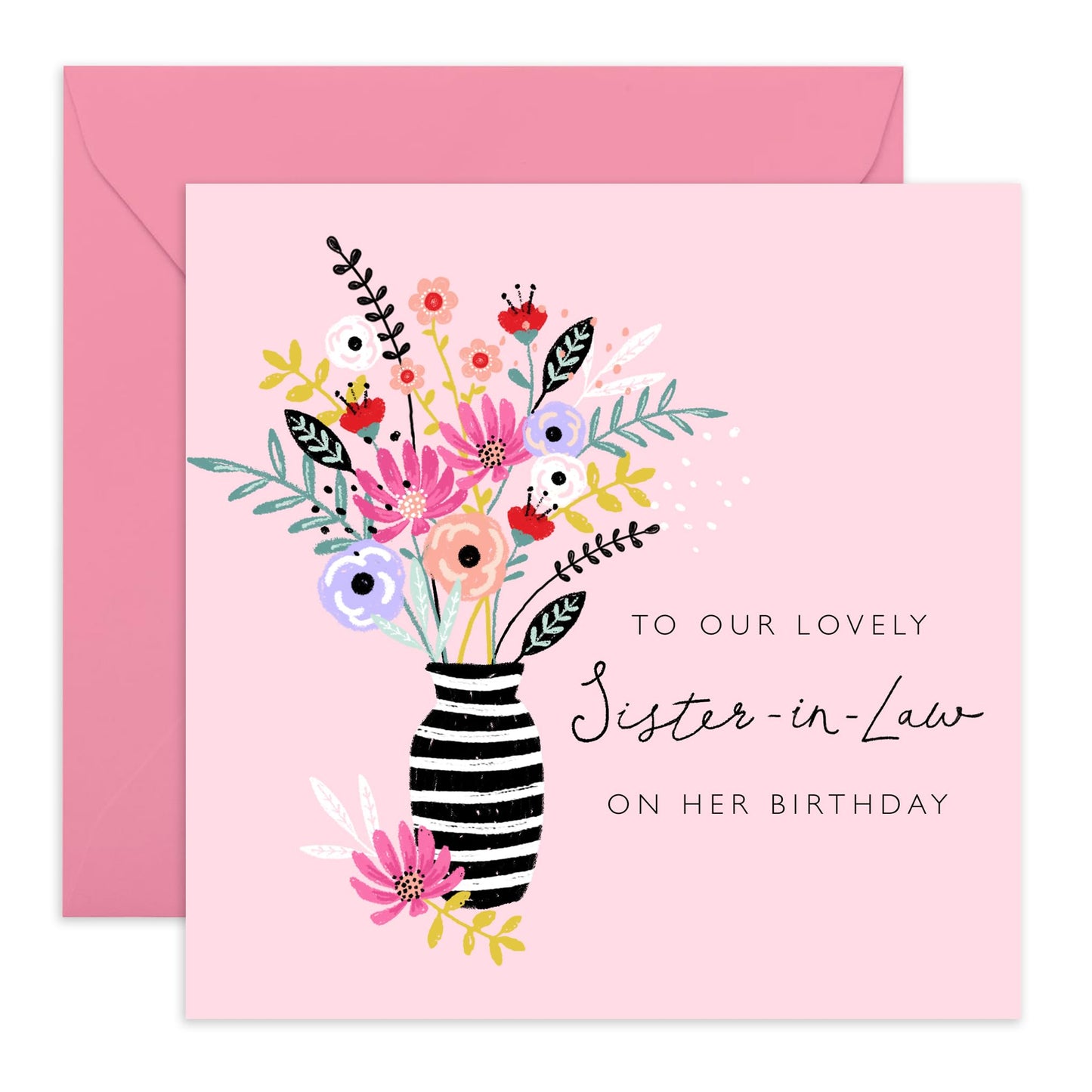 Sister In Law Birthday Cards For Her - Sweet Floral Cards For Women - Pink Flower Bouquet Card - Happy Birthday Sister In Law Greeting Cards And Envelopes - Comes With Stickers By Central 23