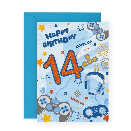 Gamer Birthday Card For 14th Birthday - Happy Fourteenth Birthday - Boys Birthday Card For 14 Year Old - Video Game - Gaming - Gifts For Teenagers Son Grandson - Comes With Stickers - By Central 23