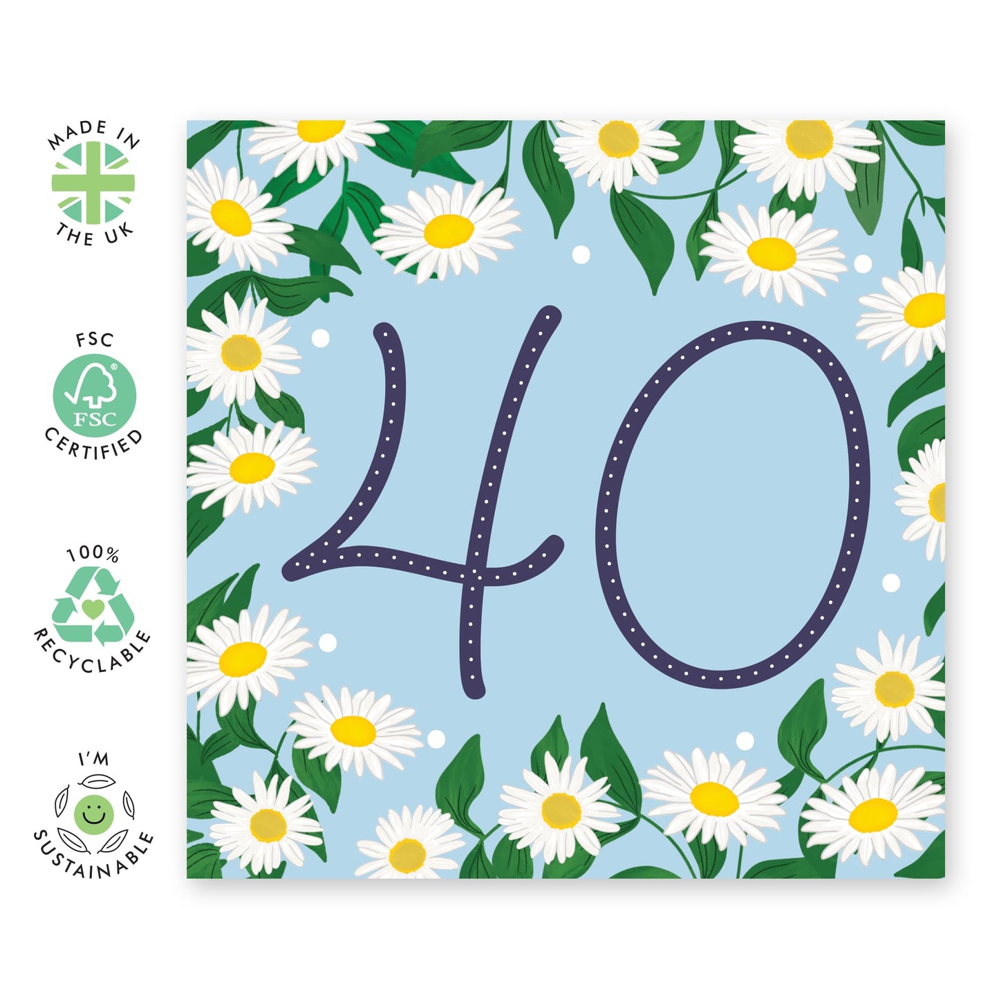 40th Birthday Card For Wife - Daisy Chain 40 - Floral Birthday Card For Mum - Women Sister - Happy Fortieth Birthday Greeting Card Female Friends - Comes With Fun Stickers - By Central 23