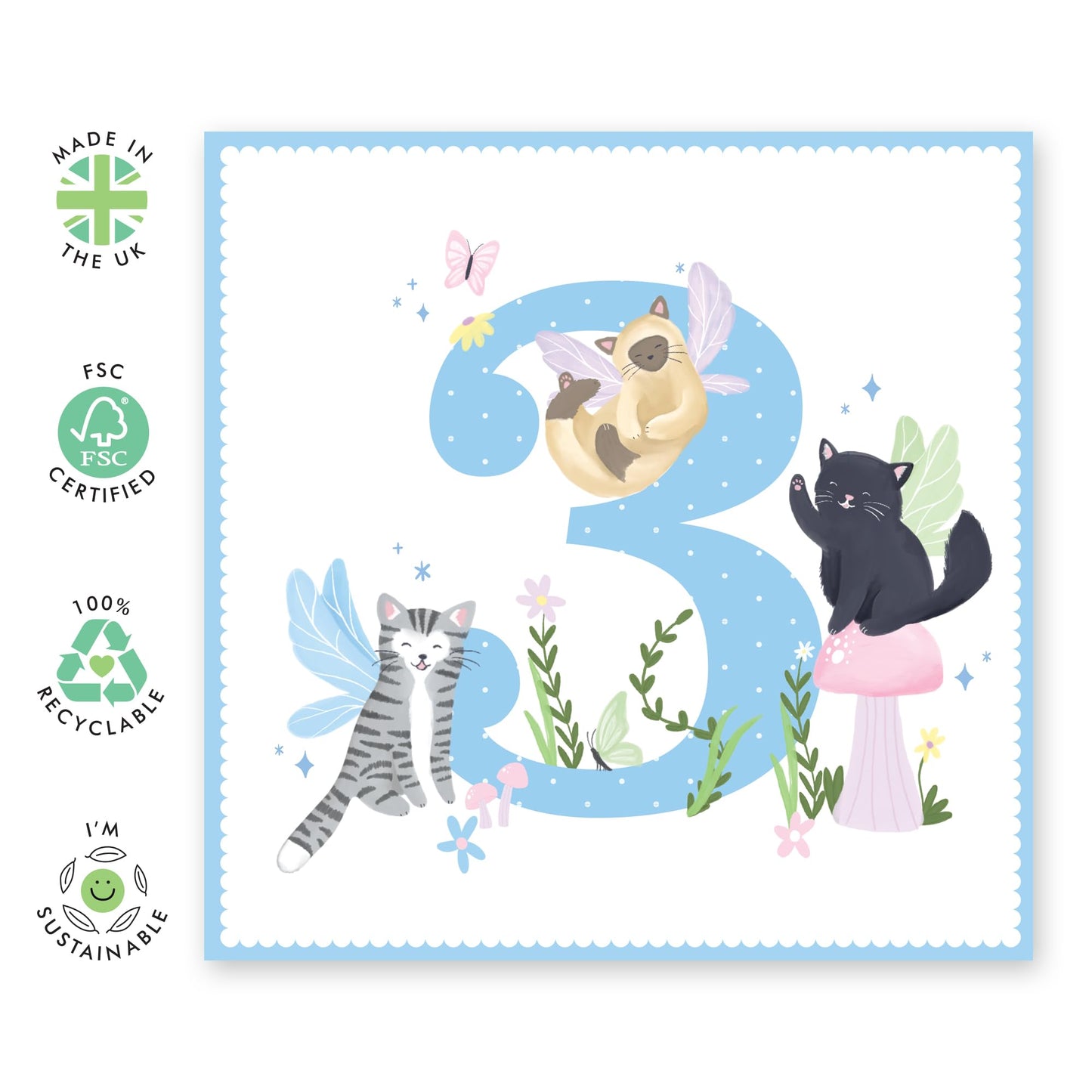Three Years Old Girl Birthday Card - Fairy Cat 3 Years - Birthday Cards For Daughter - Happy 3rd Birthday Card Niece - Cousin Birthday Card Female - Toddlers - Comes With Fun Stickers - By Central 23