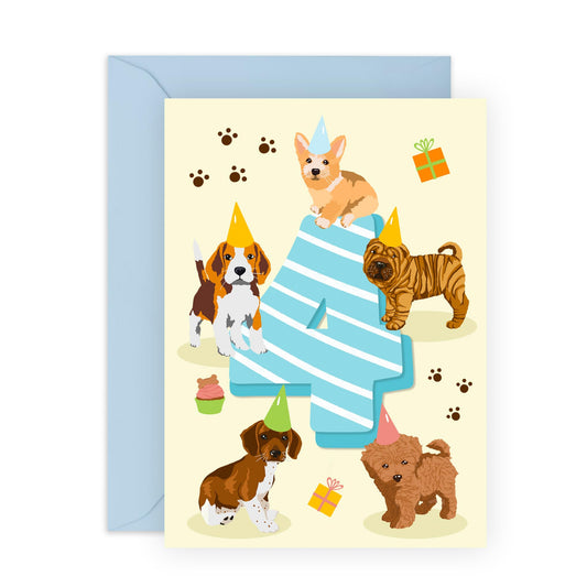 4th Birthday Card - Puppy Birthday Age 4 - Baby Milestone Cards Age Four - Forth Birthday Cards - Cute Puppy - Gifts For Son Boys Grandson Nephew - Comes With Sticker By Central 23