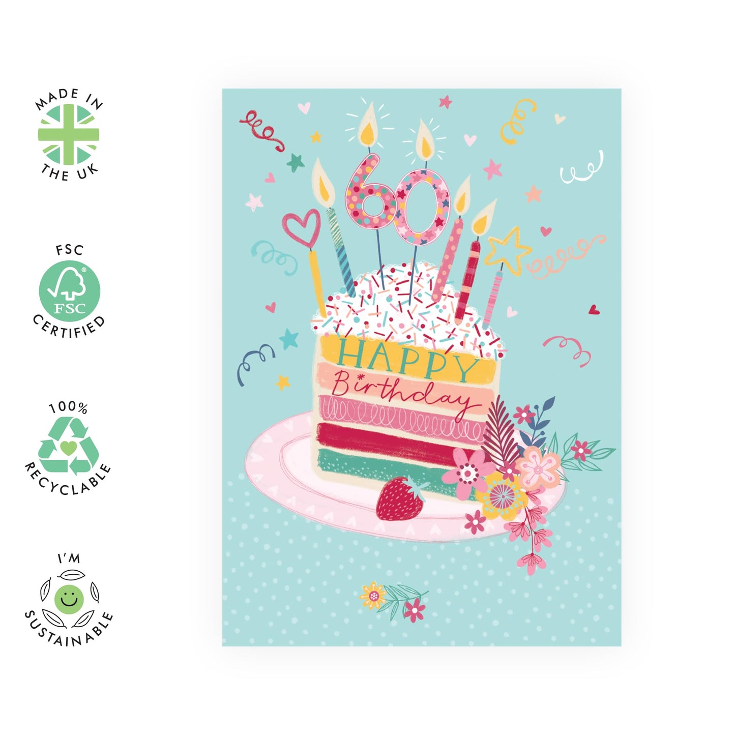 60th Birthday Card For Women - Cake 60 - Floral Gifts For Her - Happy Sixtieth Birthday Cards For Sister Friends Mum Auntie Grandma Wife - Comes With Fun Stickers - By Central 23