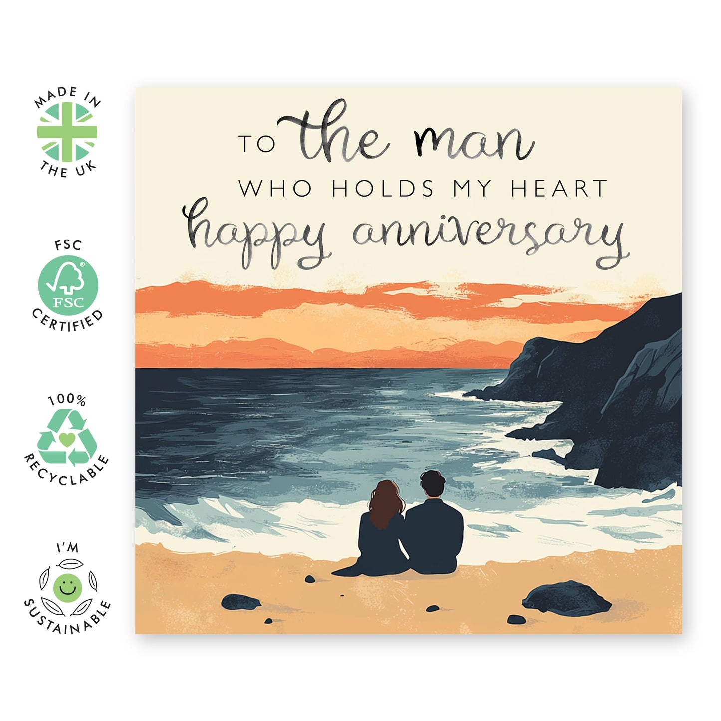 Romantic Anniversary Card for Husband - 'The Man Who Holds My Heart' - Gifts for Him, Spouse, Babe, Darling, Men, Other Half - On The Beach - Comes with Fun Stickers