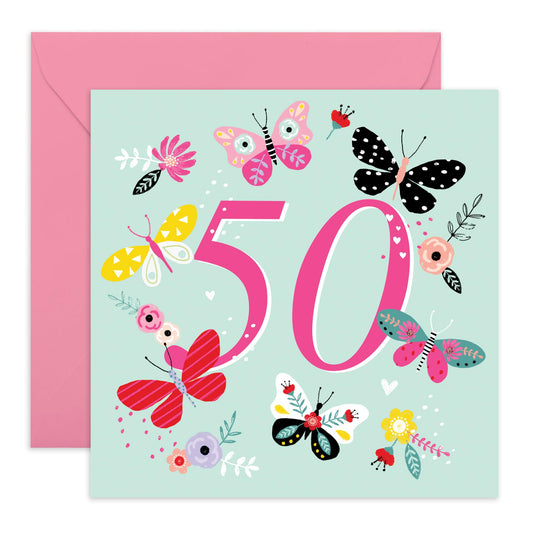 Butterfly Birthday Cards For Women Age Fifty - Fiftieth Birthday Card For Her - Pretty Butterflies Gifts - Happy 50th Bday Card For Mum Aunt Friends - Comes With Fun Stickers By Central 23