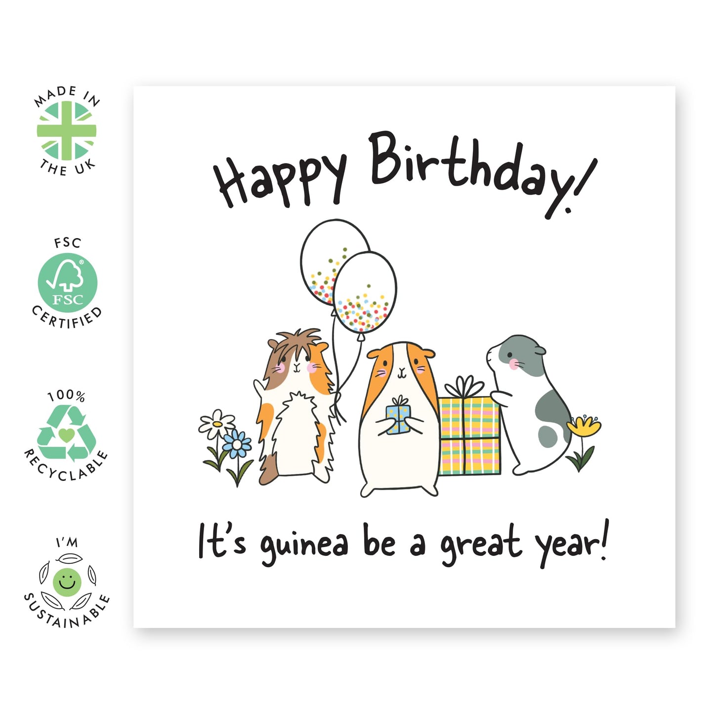 Guinea Pig Birthday Card - Cute Animal Birthday Greeting for Kids, Adults, Him, Her, Friends, Animal Lovers - "It's Guinea Be a Great Year!" - Fun and Adorable Design with Blue Envelope