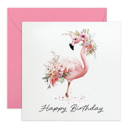 Women's Birthday Card - 'Birthday Floral Flamingo' - Gifts for Her, Wife, Girlfriend, Ladies, Mum, Babe, Sister, Auntie - Pink - Comes with Fun Stickers