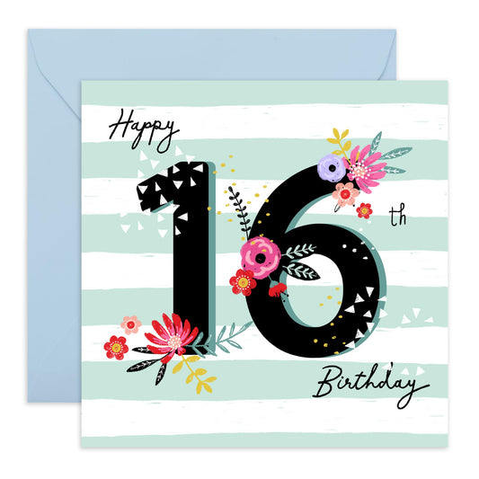 Sixteen Birthday Cards For Kids - Happy 16th Birthday - Happy Birthday Card For Daughter Granddaughter Niece - Floral Card Bday - Girl Birthday Card 16th Year Old - Comes With Stickers By Central 23