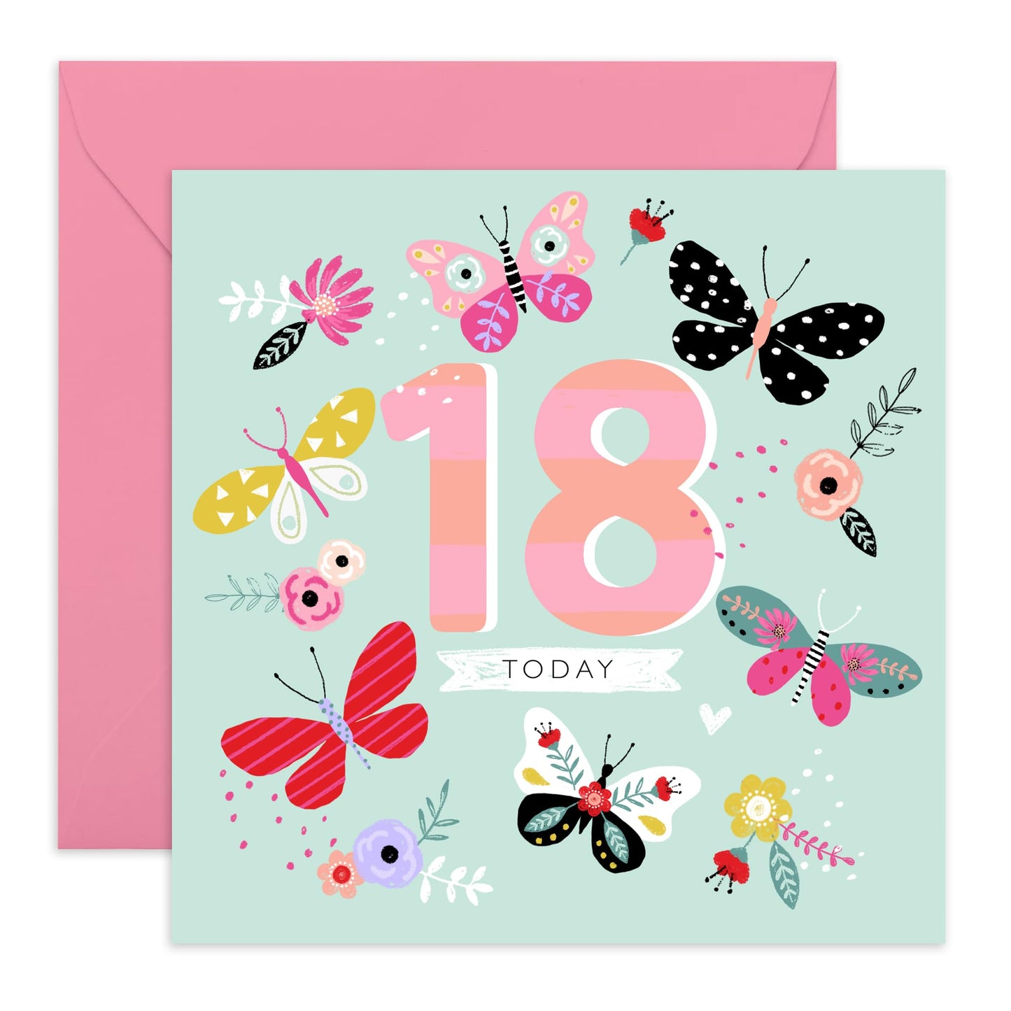 18th Birthday Card For Her - Mint 18th Butterflies - Happy Eighteenth Birthday Cards Daughter - 18 Year Old Gifts For Best Friend Women - Floral Bday Card - Comes With Stickers By Central 23