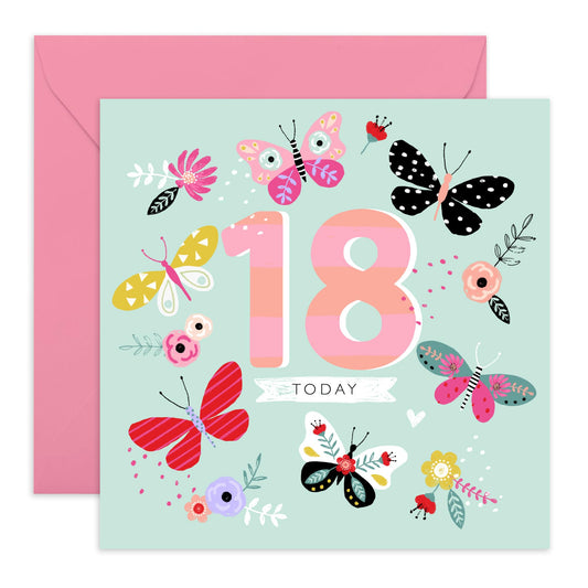 18th Birthday Card For Her - Mint 18th Butterflies - Happy Eighteenth Birthday Cards Daughter - 18 Year Old Gifts For Best Friend Women - Floral Bday Card - Comes With Stickers By Central 23