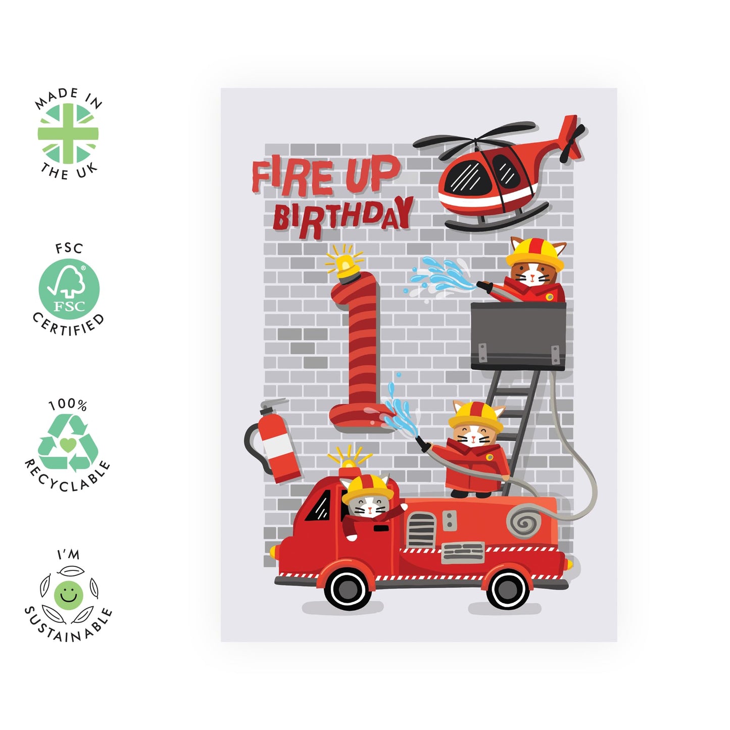 Grandson 1st Birthday Card - Fire Engine Helicopter - Kids Birthday Card For 1 Year Old - Age One - First Birthday Gifts For Boys Son Brother - Comes With Stickers - By Central 23